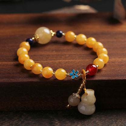 Natural Five-Color Jade Honey Yellow Beaded Bracelet With Gourd Pendant