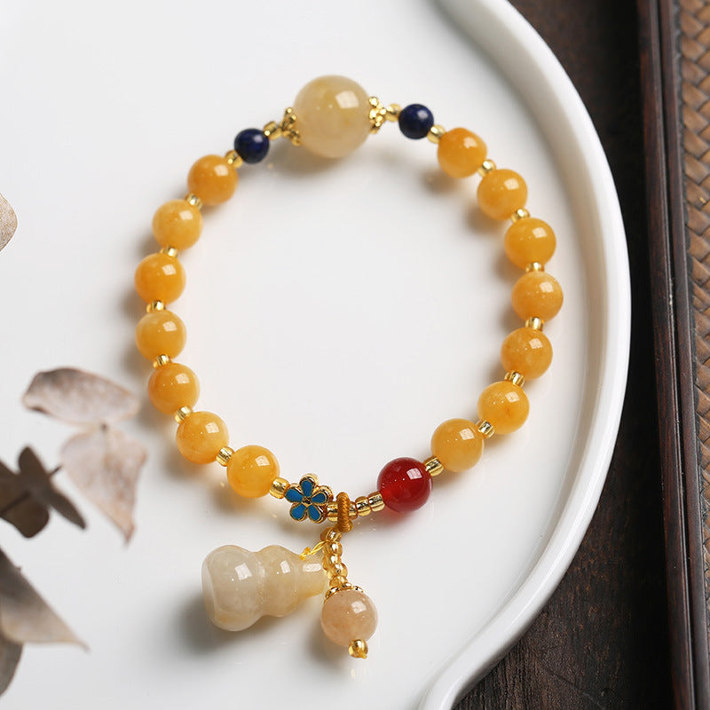 Natural Five-Color Jade Honey Yellow Beaded Bracelet With Gourd Pendant